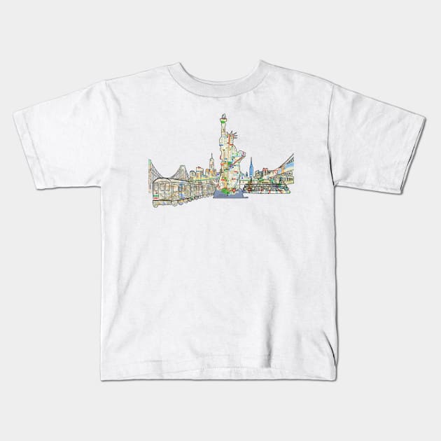 NYC Statue of Liberty Brooklyn Bridge Staten Island ferry, and more Kids T-Shirt by Hook Ink
